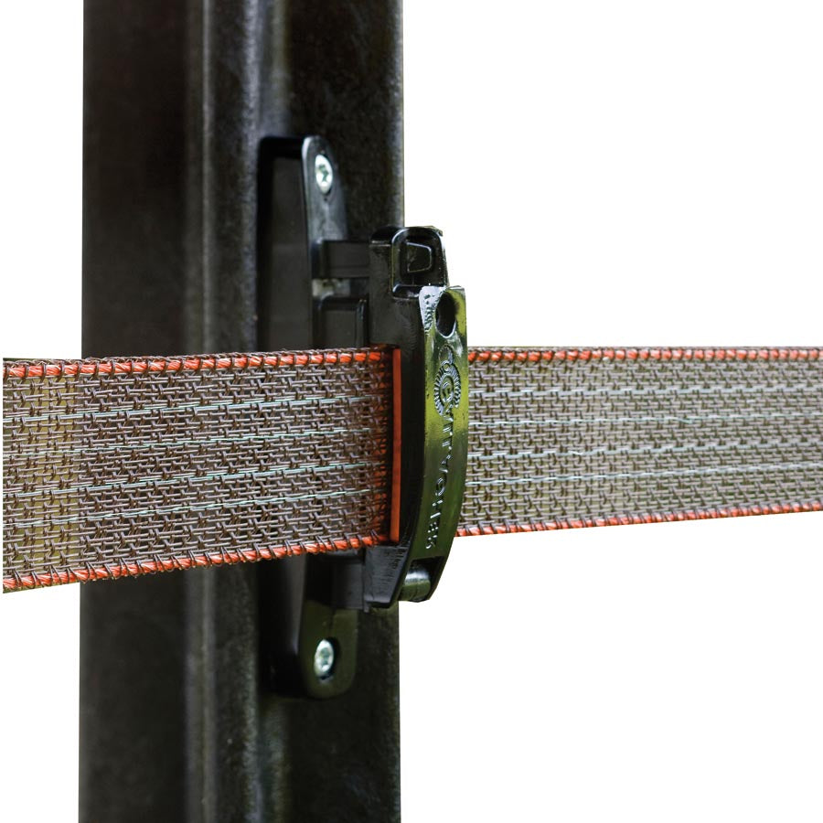 A close-up of the Gallagher TurboLine horse insulator clamped on a tape to a post, designed for electric fencing.