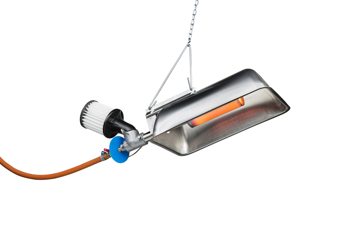 A Gasolec M5 Heater with a heavy duty filter, hanging from a chain, designed for heating purposes in game bird rearing