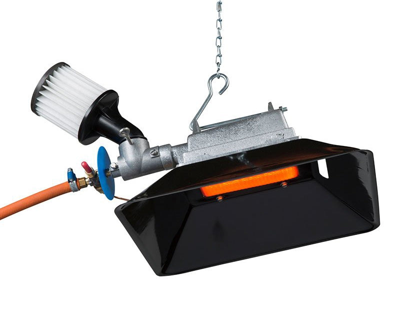A black Gasolec S4 Heater with a heavy duty filter and a chain for hanging, designed for game farming and poultry heating.
