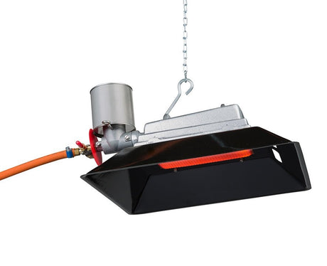 A Gasolec S8 heater with a stainless steel filter and a red safety device attached, hanging from a chain.