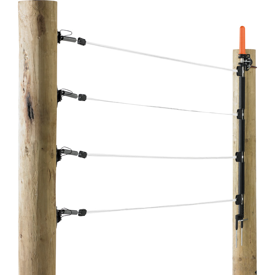 An electric fence gate system with white tape and black conductors mounted on wooden posts, featuring a gate opener mechanism.