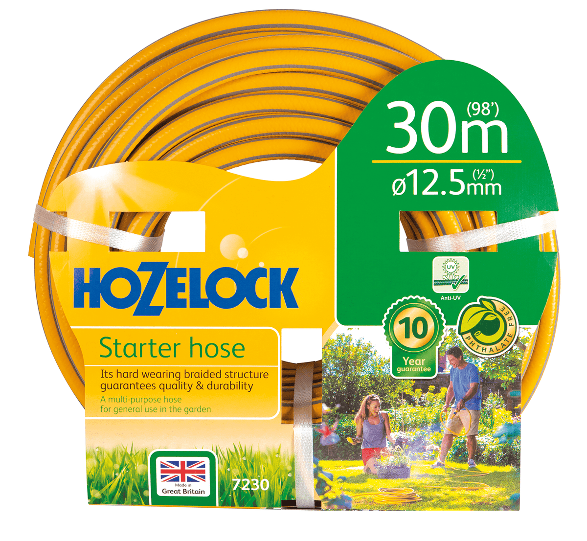 A 30-meter starter hose by Hozelock, coiled and packaged for retail sale