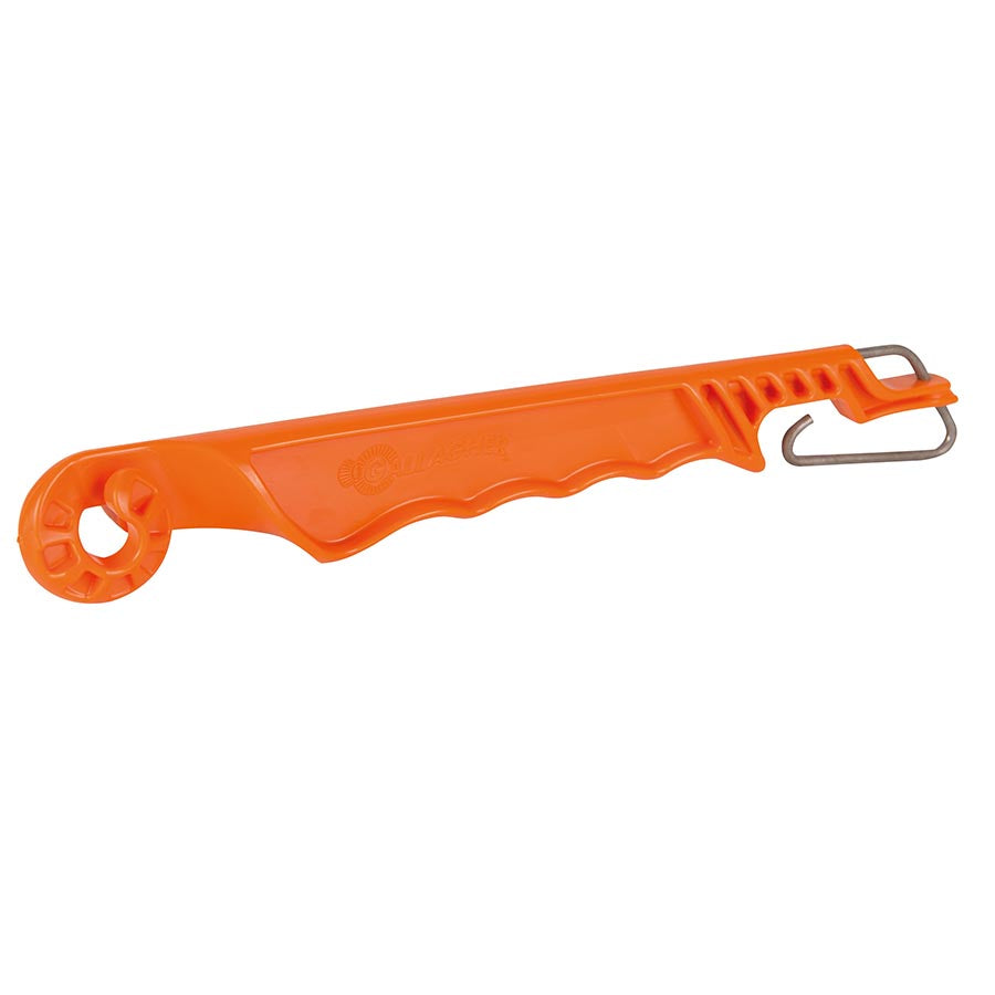 An orange dual purpose portable handle for electric fence accessories with a metal hook at one end and molded hand grips.