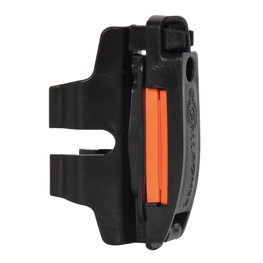 A black and orange Gallagher TurboLine Tape clip designed for fitting fencing tape to a Line Post.