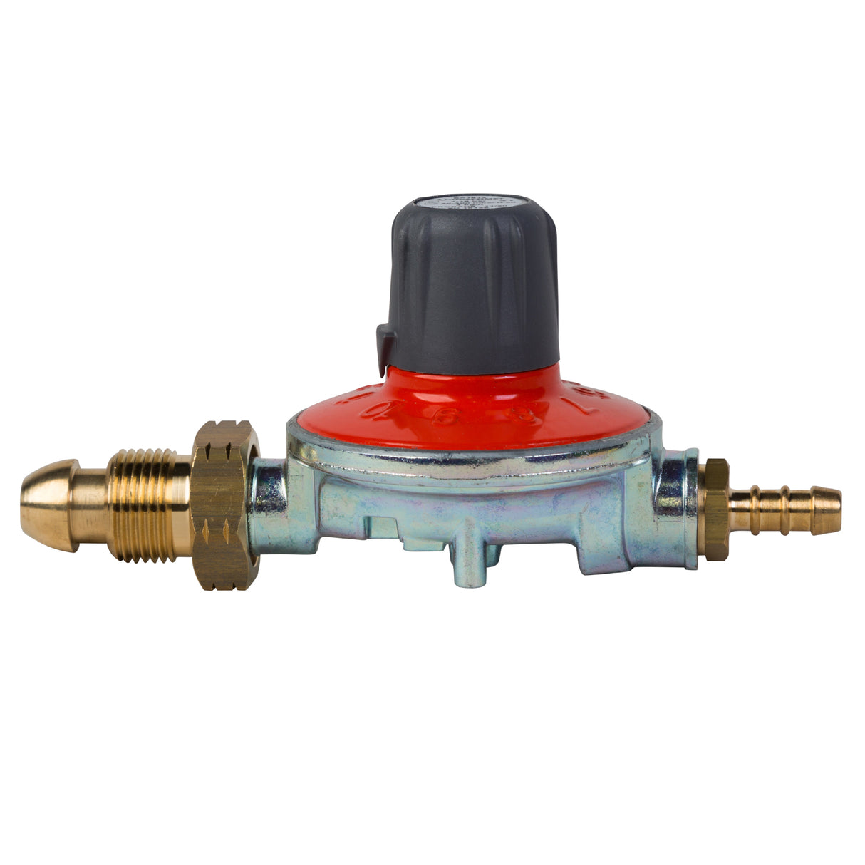 A gas regulator with a variable outlet pressure, predominantly red with a black knob, metallic inlets and outlets, and brass fittings.