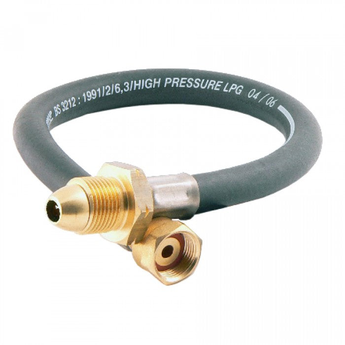 A black pigtail hose with metal connectors on both ends, designed for use with gas bottles
