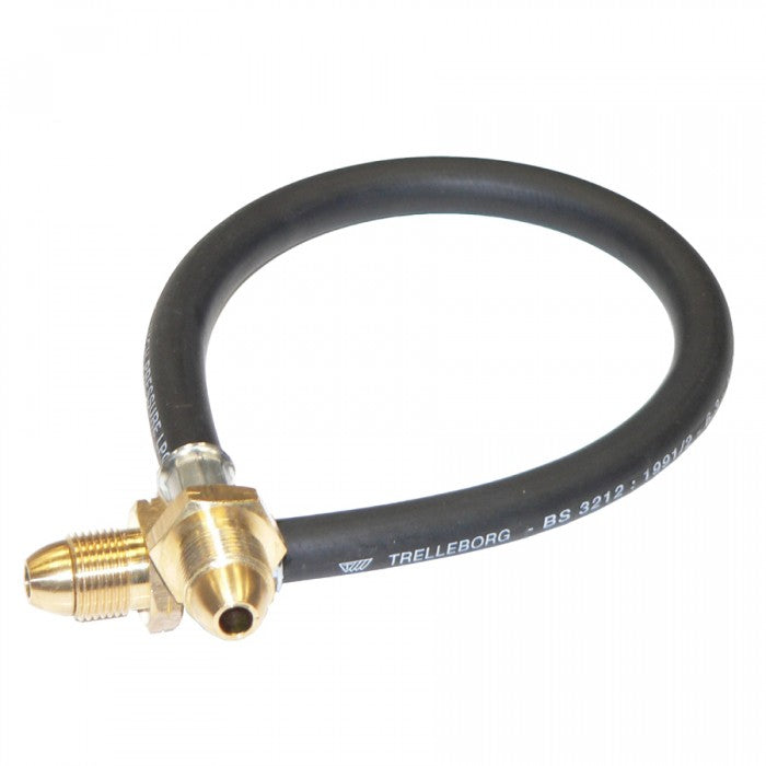 A black pigtail hose with metallic UKPOL connectors on both ends.