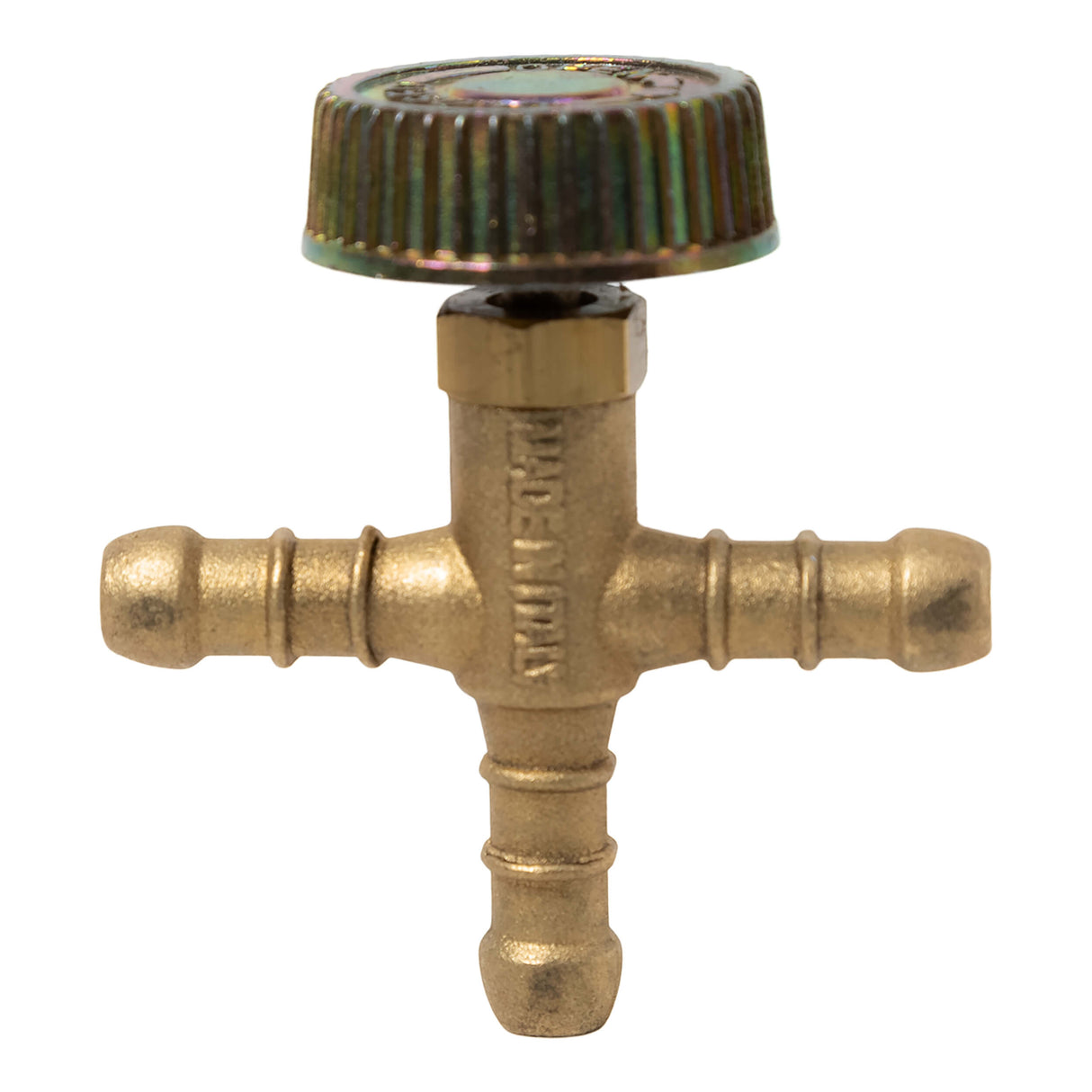 A bronze-colored 3-way 10mm T hose nozzle with flow control adjustment knob.