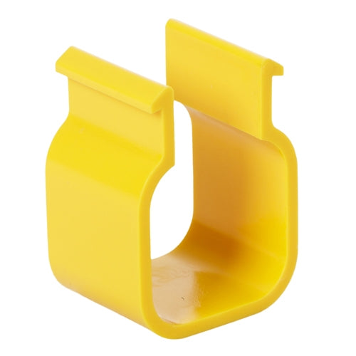 A yellow 28mm pipe clip designed for securing square tube to Lubing Aluminium.