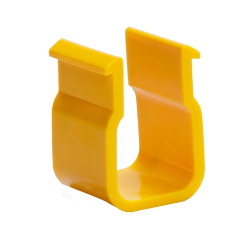 A yellow plastic pipe clip designed for securing a square tube to Lubing/BD Aluminium, typically used in poultry equipment.