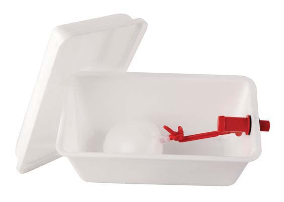 White plastic header tank with a red float valve and lid.