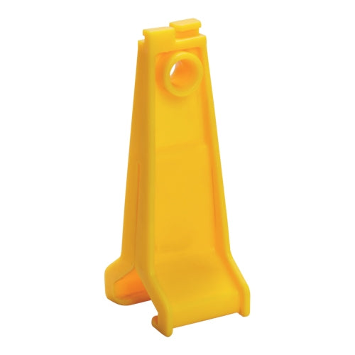 A yellow plastic hanger designed for lubing poultry drinker