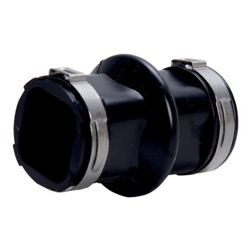 A black expansion joiner with clips for 28mm pipe, typically used in drinking systems for animals.