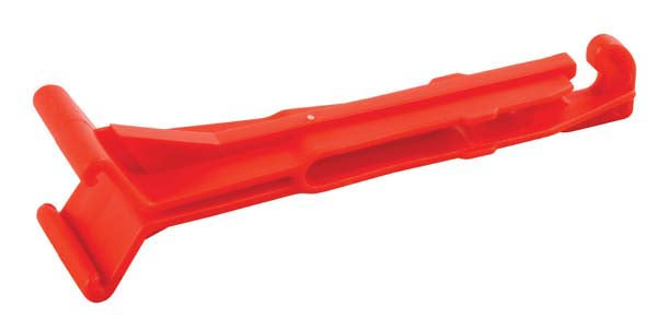 A red plastic suspension clip with a slotted hole designed for anti perch wire to pass through.