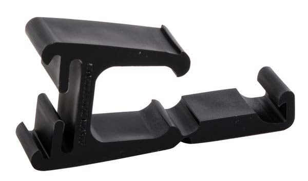 A black plastic clip designed to fix a square pipe to aluminum.