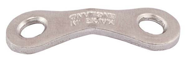 A silver aluminium cord slider with two holes for attachment.