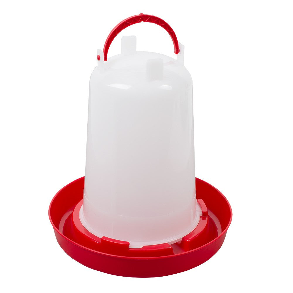 A 1.5 lt poultry font drinker with a white plastic water container and a red plastic base with a handle on top.