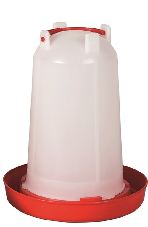 A red and white poultry font drinker with a handle, designed for chickens or other poultry.