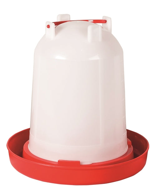 A 6lt white poultry font drinker with a red base and handle.