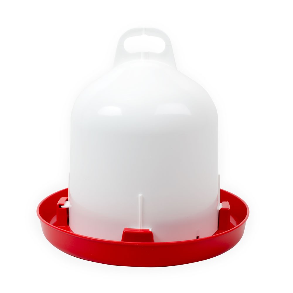 Trent poultry drinker with a red base, designed to be suspended or free standing.