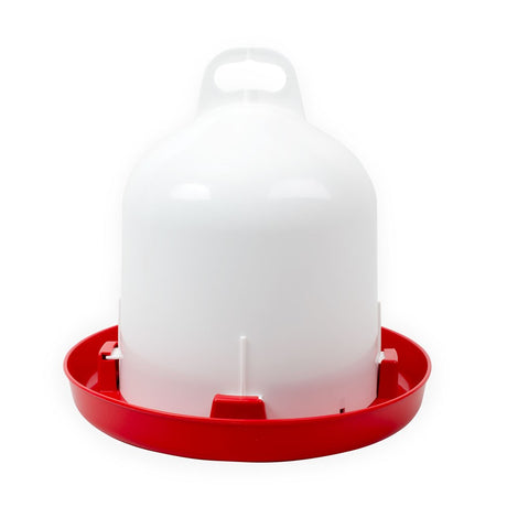 Trent poultry drinker with a red base, designed to be suspended or free standing.
