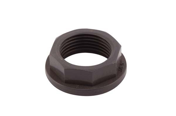 A black PVC bulk head nut for plumbing fittings.