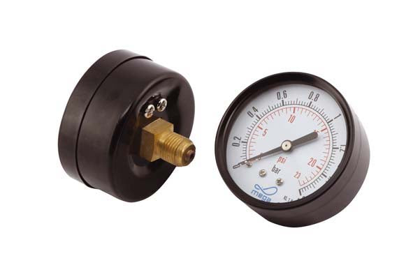 A black pressure gauge with a dial indicating 0-6 bar and a metallic connector