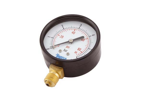 A black pressure gauge with a analog display, a brass-colored ¼" BSP male thread bottom connection, and calibration markings.