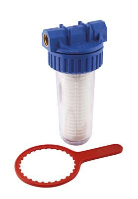 A water filter system consisting of a clear cylindrical housing, a blue cap, a red base, and a red wrench.