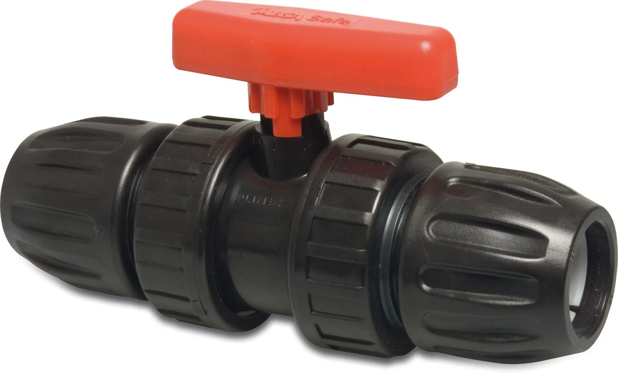 32mm Ball Valve PP with a red handle and black body, compression x compression fittings.