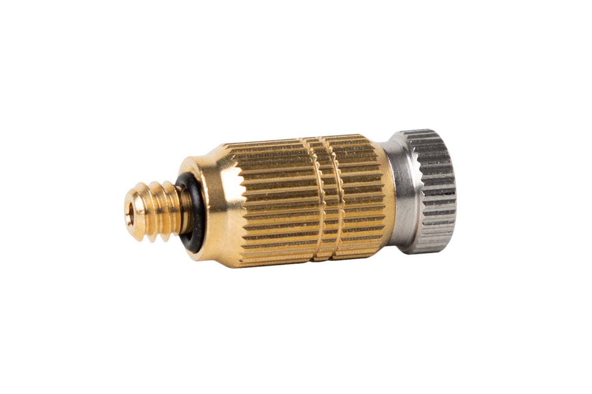 A brass nozzle designed for a misting system, showing a metallic gold color with threaded connections.