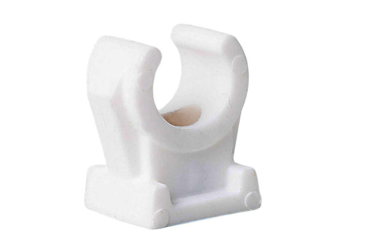 A white 12mm pipe clip for a Lubing Top-Climate Misting System.