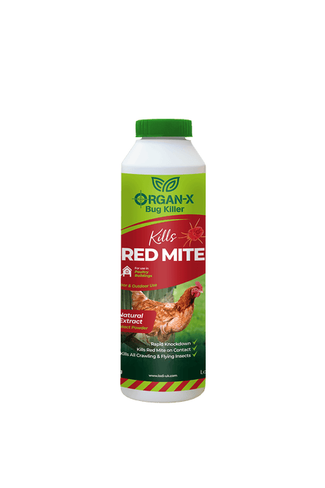 A 300g puffer bottle of Organ-X Red Mite Killer Powder