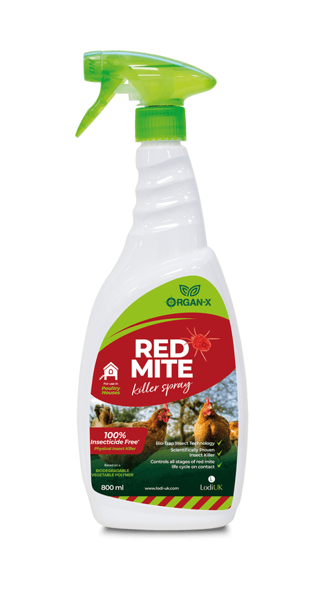 800ml white spray bottle with a green trigger and label featuring red text and images depicting chickens and insects.