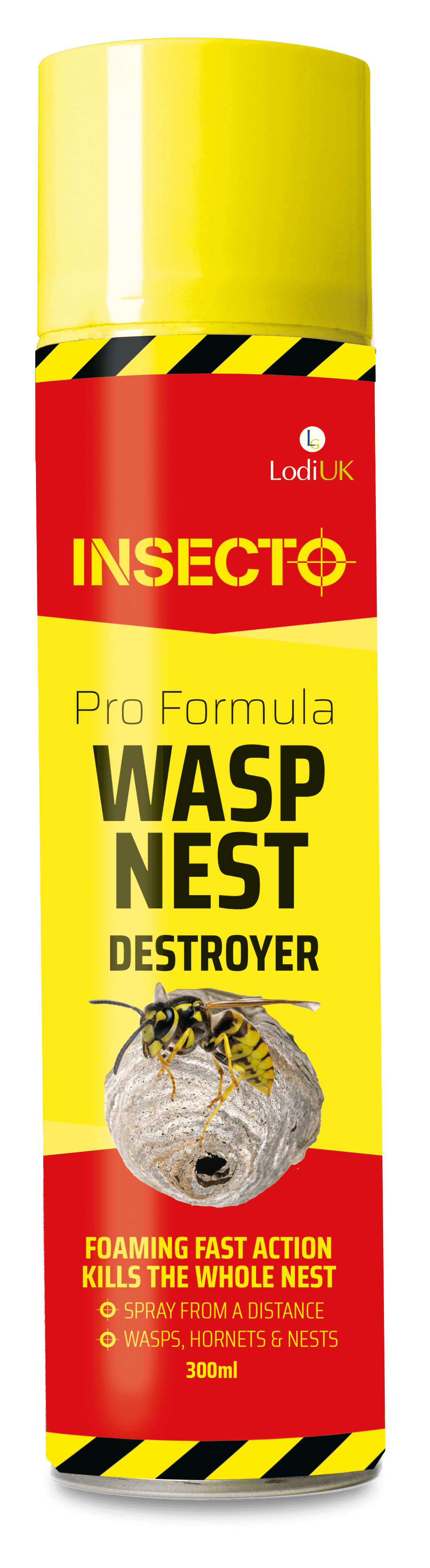 A yellow aerosol can labeled 'INSECTO Pro Formula Wasp Nest Destroyer', with a picture of a wasp and nest, indicating the product's use for controlling insects.