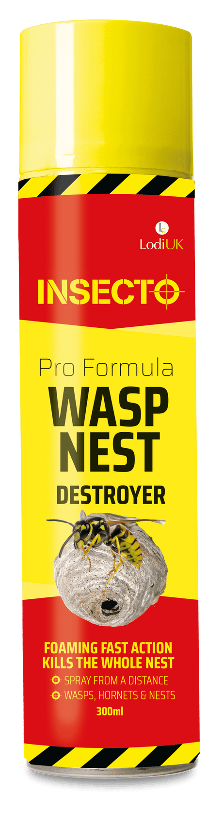 A yellow aerosol can labeled 'INSECTO Pro Formula Wasp Nest Destroyer', with a picture of a wasp and nest, indicating the product's use for controlling insects.