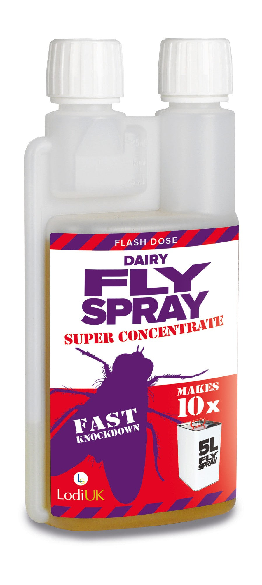 A bottle of Dairy Fly Spray which is a super concentrate insecticide for use against various insects.