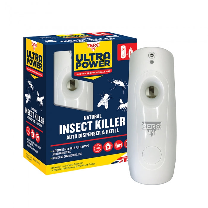 Zero In Natural Insect Killer Auto Dispenser and Refill, with white dispenser.