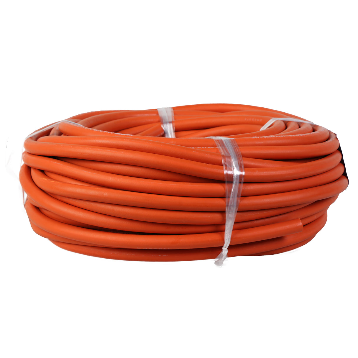 A coil of orange propane gas hose bound by plastic ties.
