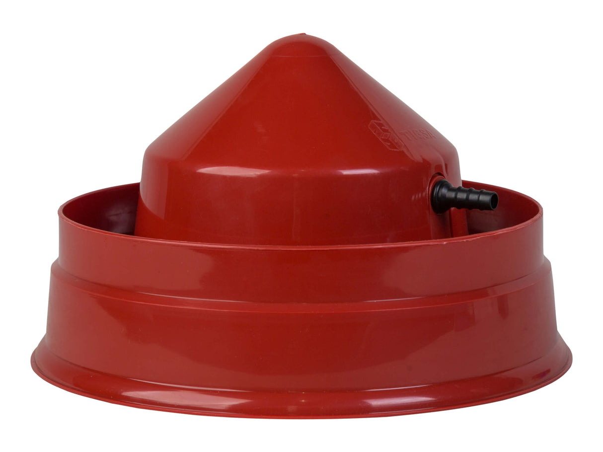 A red automatic T20 floor drinker suitable for chicks, showing the float mechanism and the drinker's base.