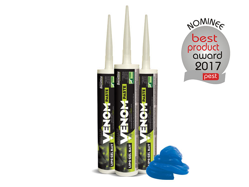 Three cartridges of Romax Venom Lipogel rodent bait in green and black color with a blue bait exemplar in front, with a 'nominee best product award 2017' badge displayed.