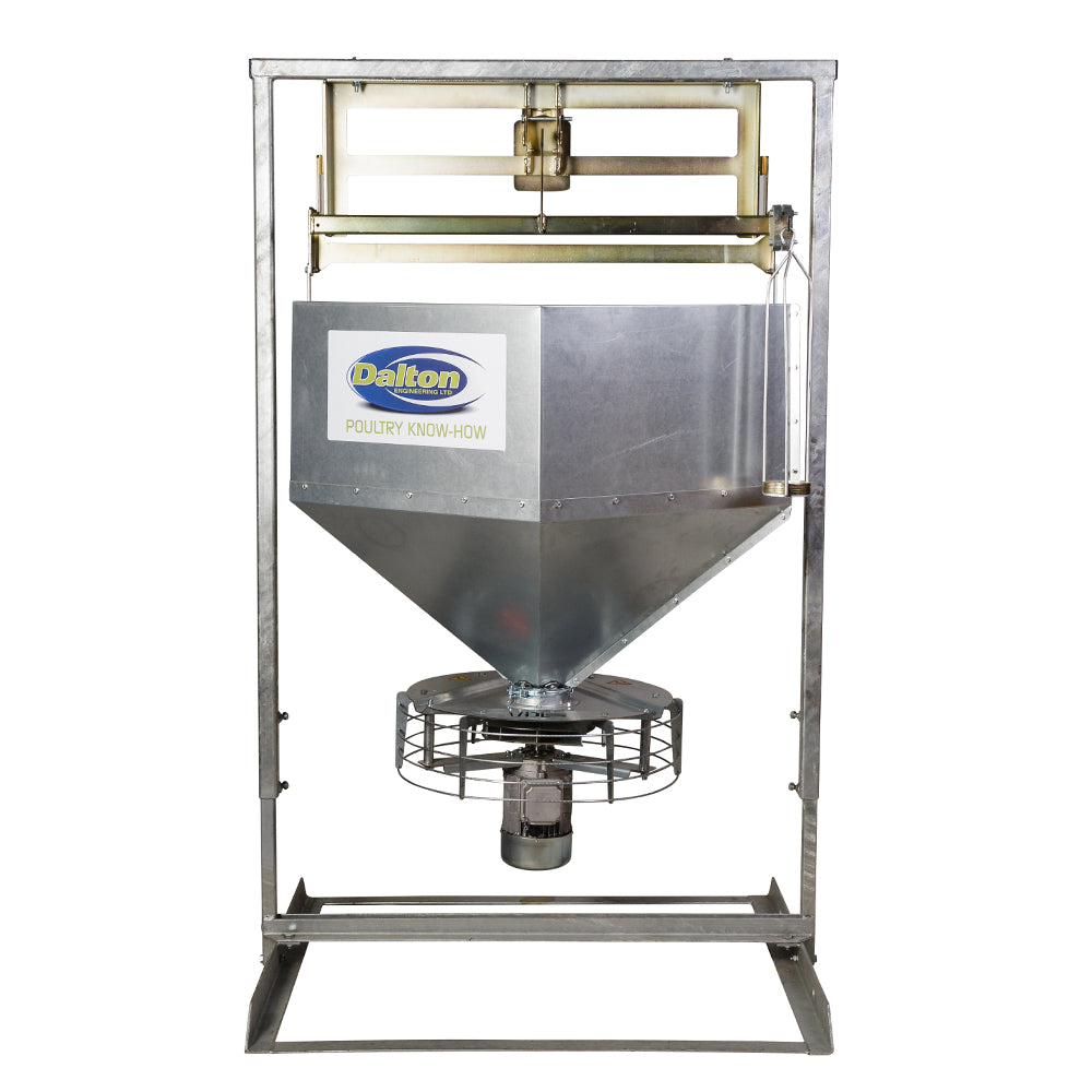 A Dalton Supplies spin feeder with a hopper and a spinning head, mounted on a frame, designed for distributing bird feed over a large area.