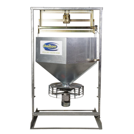 A Dalton Supplies spin feeder with a hopper and a spinning head, mounted on a frame, designed for distributing bird feed over a large area.