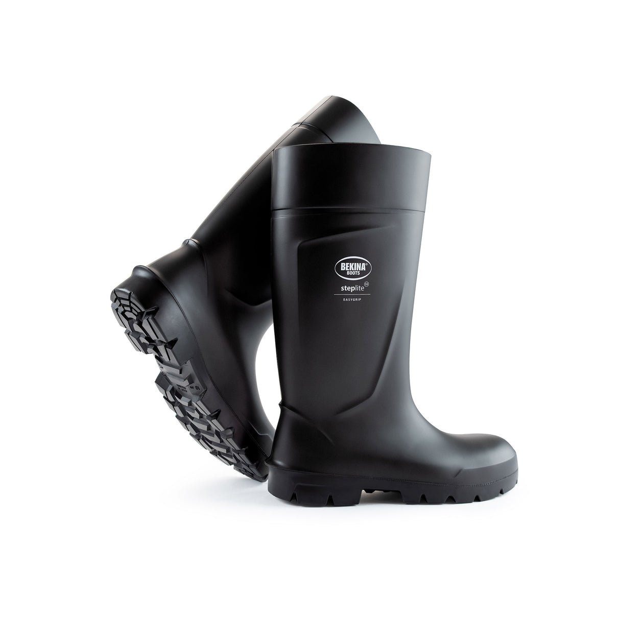 black Bekina Steplite EasyGrip Wellington boots with an EasyGrip sole, designed for agricultural work.