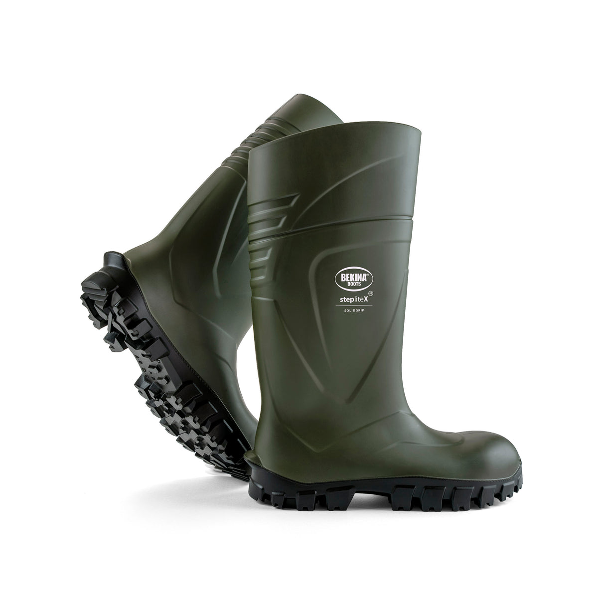 green Bekina Steplite SolidGrip safety wellington boots with ssafety toe caps and a solid grip sole, designed for agricultural work.