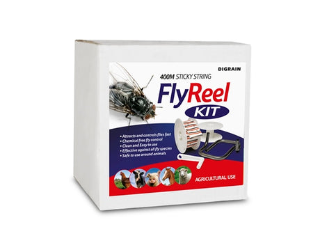 A boxed Fly Reel Kit containing a reel and 400m tape for fly control, with images of the product and flies on the packaging.