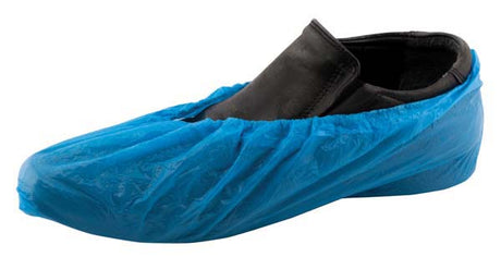 A single blue over shoe cover designed to fit over existing footwear