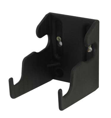 A black plastic wall bracket designed for hanging a bag hoop.