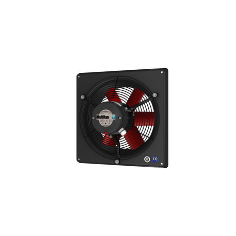 A 300mm black panel fan with red blades, designed for ventilation in various agricultural and industrial settings.