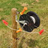 Gallagher Fence wire reel attached to a wooden post